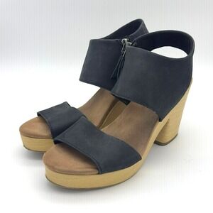 TOMS Majorca Cutout Sandals Black Sueded Wood Heel Size 8 Boho Club Festival